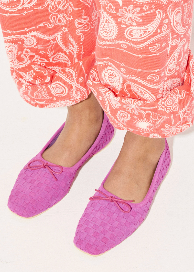 person wearing freda salvador womens Jada Square Toe Ballet Flat in Woven Magenta Suede
