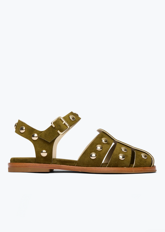 freda salvador womens Sera Gold Studded Fisherman Sandals in Olive Suede