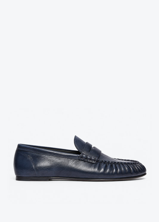 freda salvador womens Sydney Ruched Leather Penny Loafer aegean blue