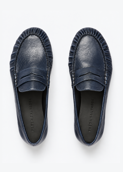 freda salvador womens Sydney Ruched Leather Penny Loafer aegean blue