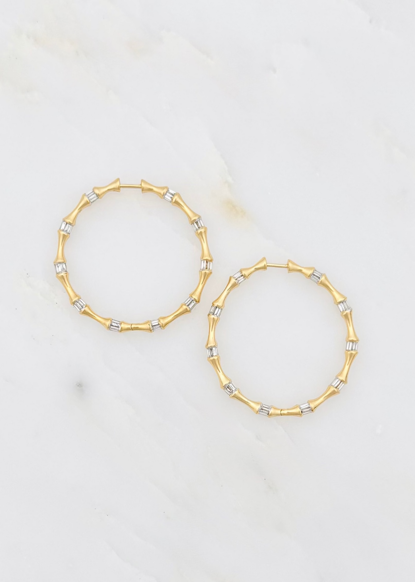 grace winfrey fine jewelry 18k yellow gold  1.5" Bamboo Hoops with Baguette Diamonds