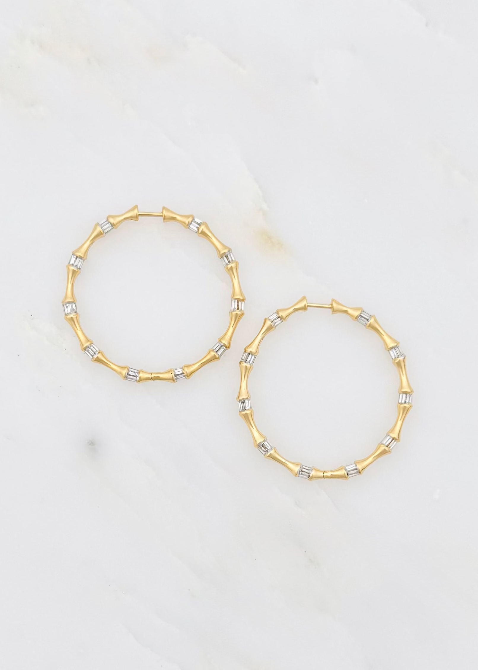 grace winfrey fine jewelry 18k yellow gold  1.5" Bamboo Hoops with Baguette Diamonds