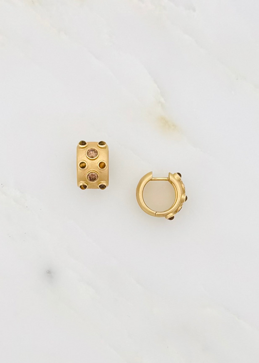 grace winfrey fine jewelry 18k yellow gold Chubby Trio Huggies with Tigers Eye champagne diamonds
