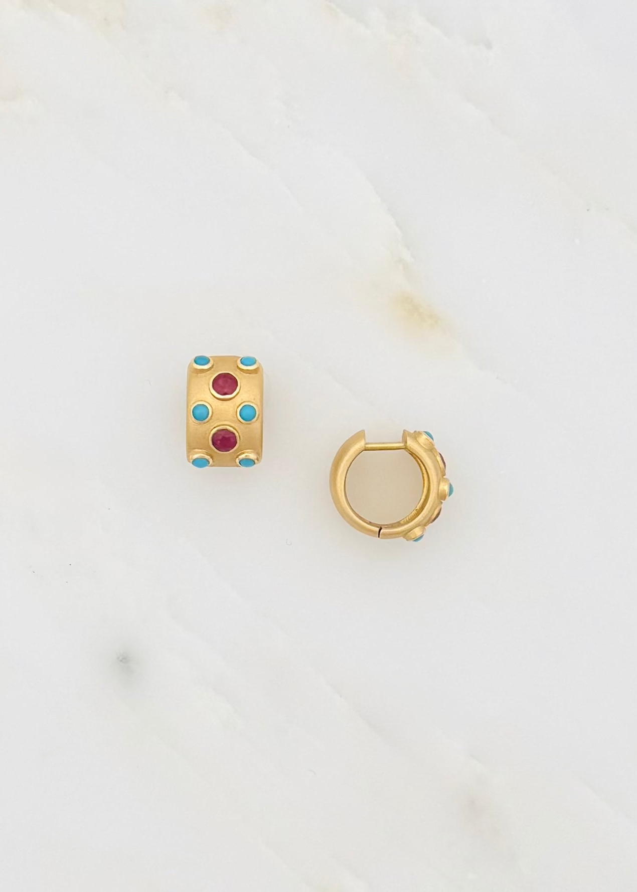 grace winfrey fine jewelry 18k yellow gold Chubby Trio Huggies with turquoise and rubies