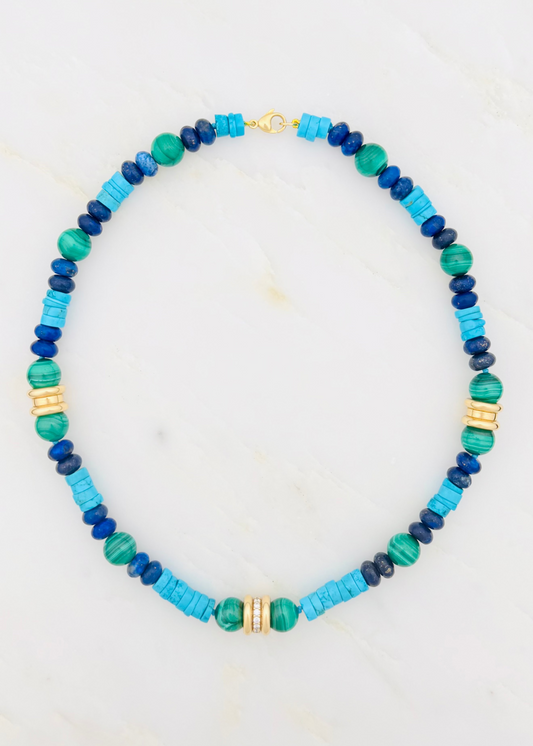 grace winfrey fine jewelry 18k yellow gold lapis malachite diamond beaded santorini necklace