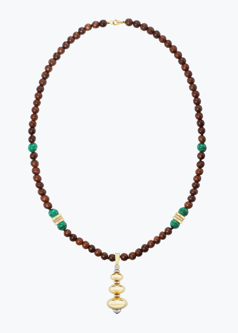 grace winfrey fine jewelry 18k yellow gold platinum diamonds Kauai Gold Root Beaded Necklace malachite wood beads