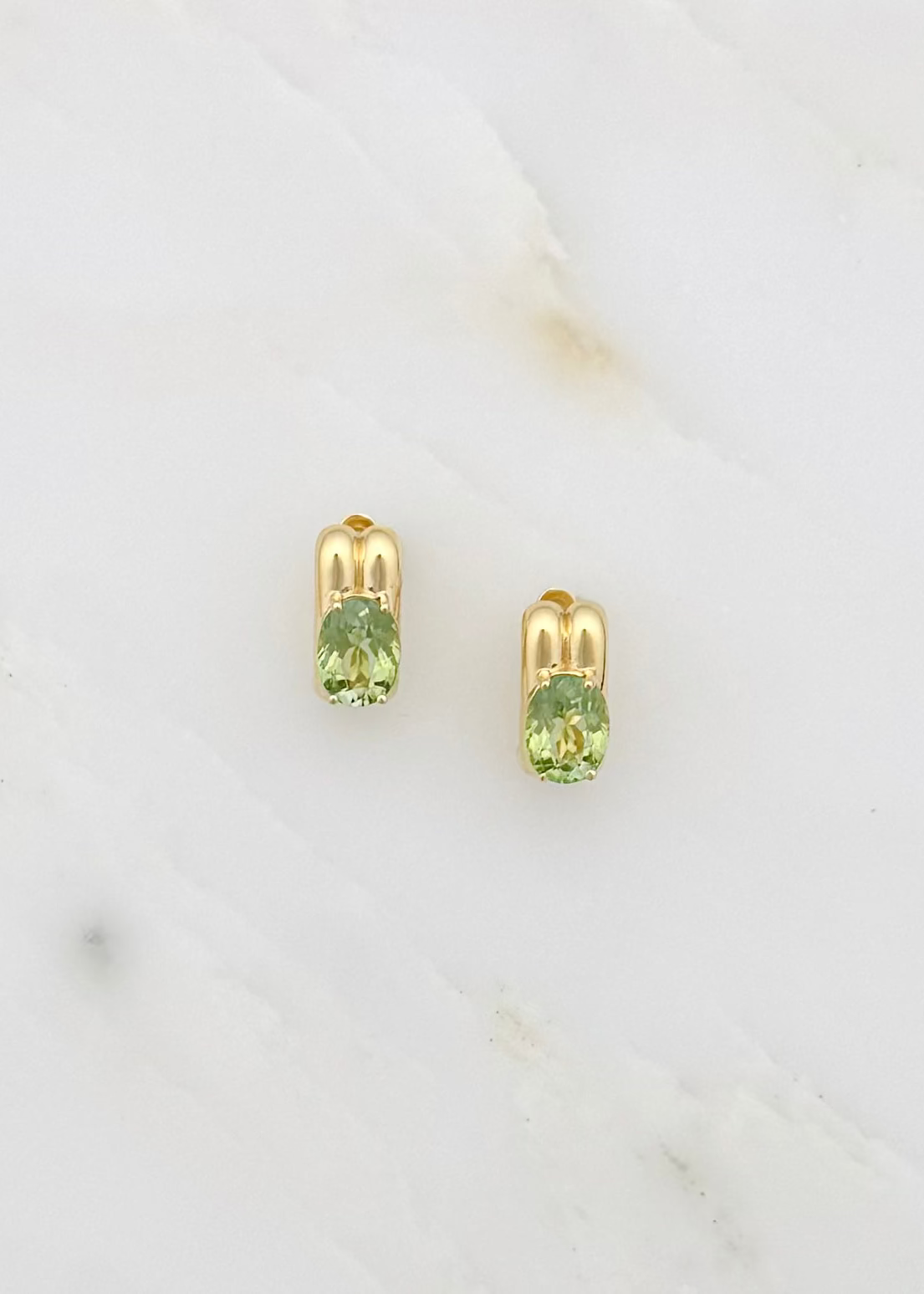 jade ruzzo fine jewelry 18k yellow gold Anna Huggies with Green Tourmaline