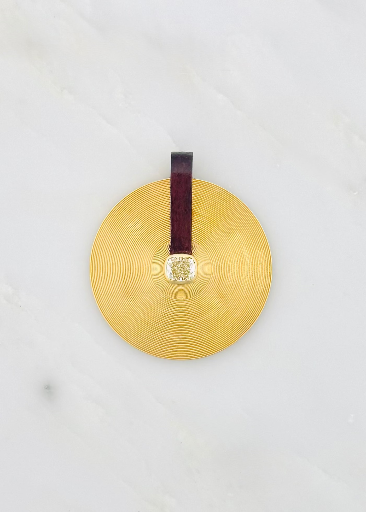 jade ruzzo fine jewelry 18k yellow gold Large Cymbal Pendant with antique rose cut Diamond and Rosewood