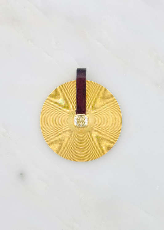 jade ruzzo fine jewelry 18k yellow gold Large Cymbal Pendant with antique rose cut Diamond and Rosewood