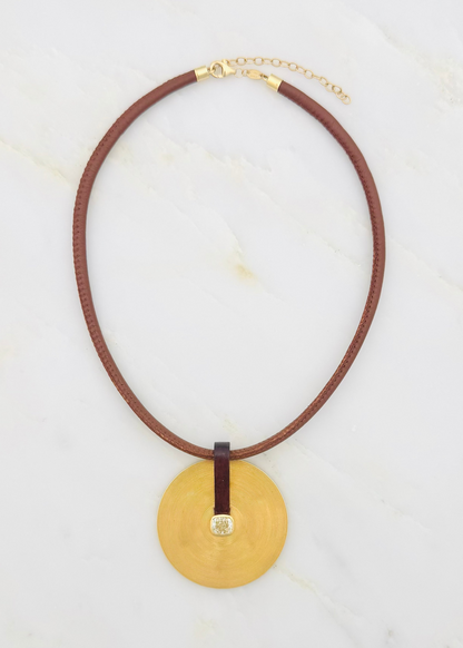 jade ruzzo fine jewelry 18k yellow gold Large Cymbal Pendant with antique rose cut Diamond and Rosewood on wide leather cord