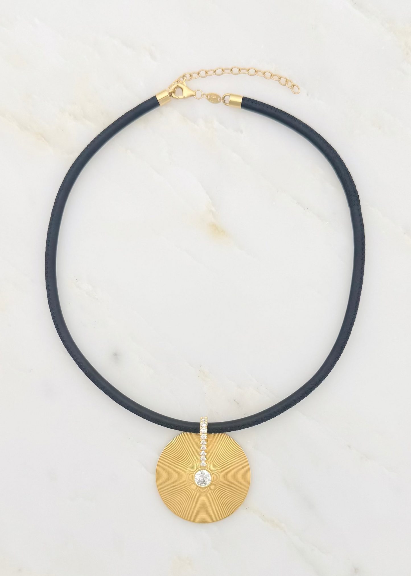 jade ruzzo fine jewelry 18k yellow gold Medium Cymbal Pendant with Diamonds on wide leather cord black
