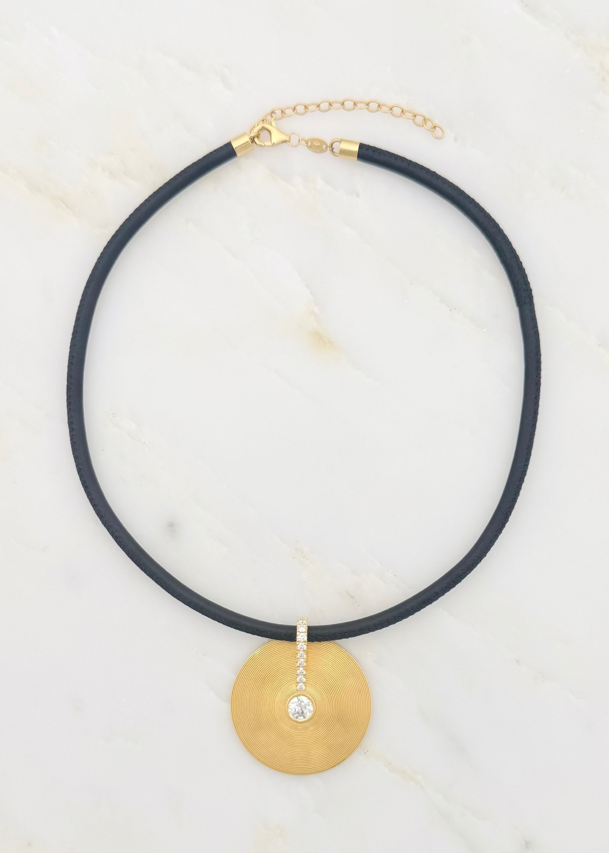 jade ruzzo fine jewelry 18k yellow gold Medium Cymbal Pendant with Diamonds on wide leather cord black