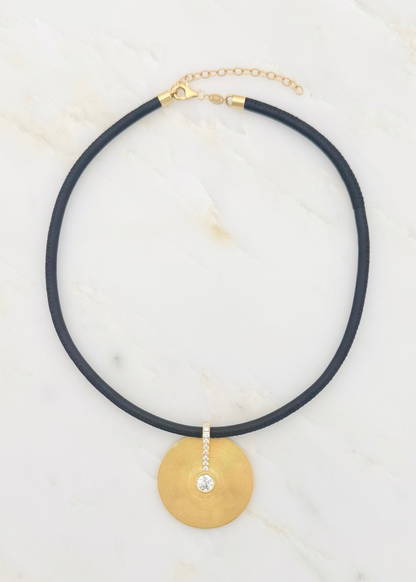 jade ruzzo fine jewelry 18k yellow gold Medium Cymbal Pendant with Diamonds on wide leather cord black