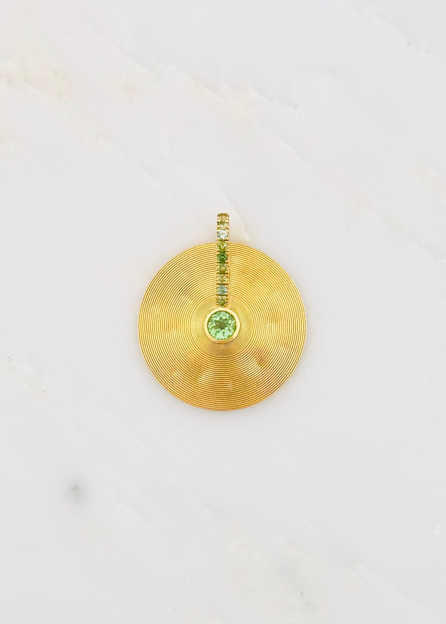 jade ruzzo fine jewelry 18k yellow gold Medium Cymbal Pendant with Green Tourmalines