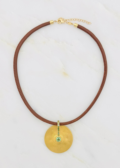 jade ruzzo fine jewelry 18k yellow gold Medium Cymbal Pendant with Green Tourmalines on tobacco leather wide cord