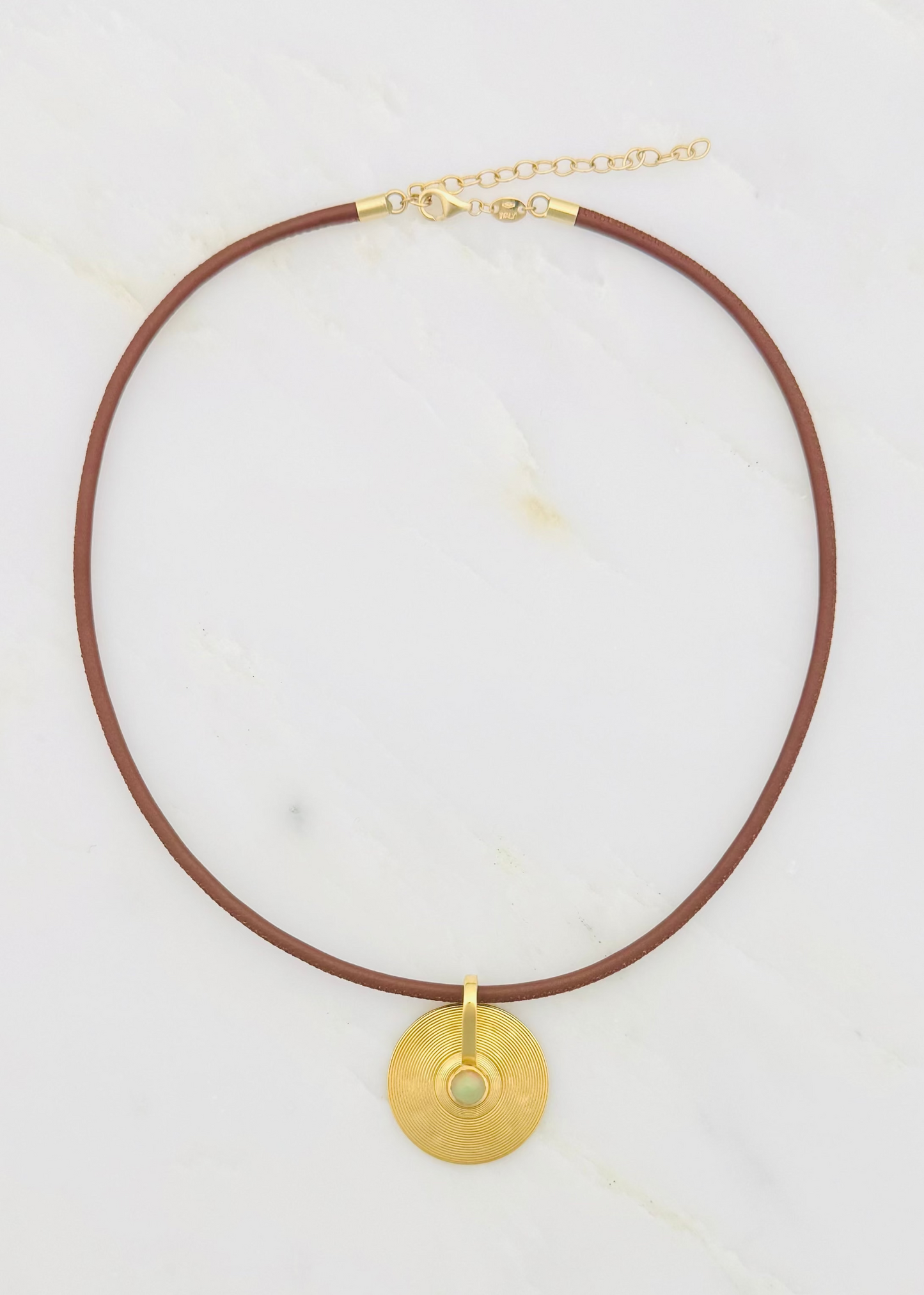 jade ruzzo fine jewelry 18k yellow gold Small Cymbal Pendant with Opal thin leather cord tobacco