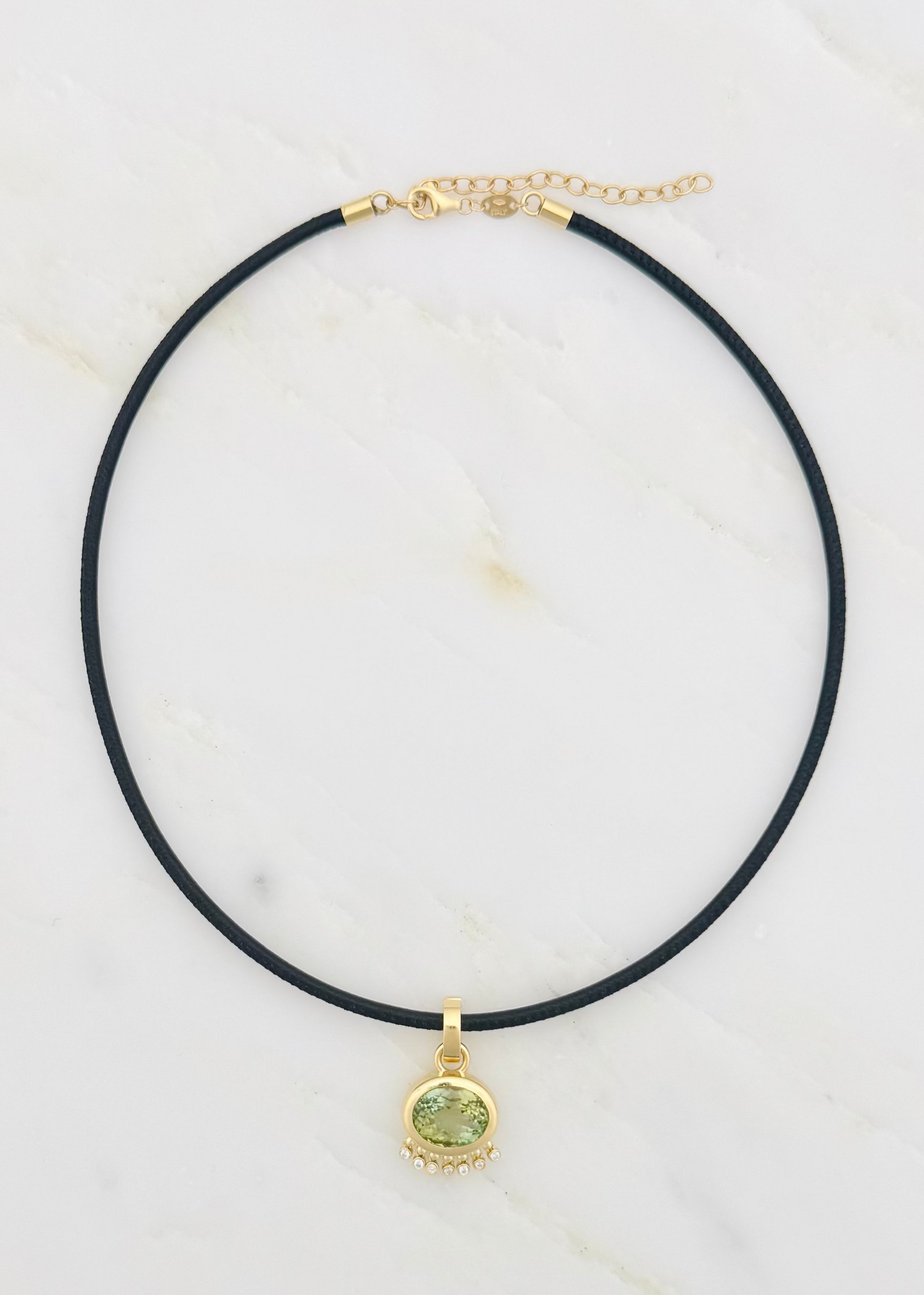 jade ruzzo fine jewelry 18k yellow gold Tennessee Pendant with Green Tourmaline diamonds thin leather cord black