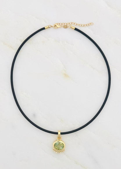 jade ruzzo fine jewelry 18k yellow gold Tennessee Pendant with Green Tourmaline diamonds thin leather cord black
