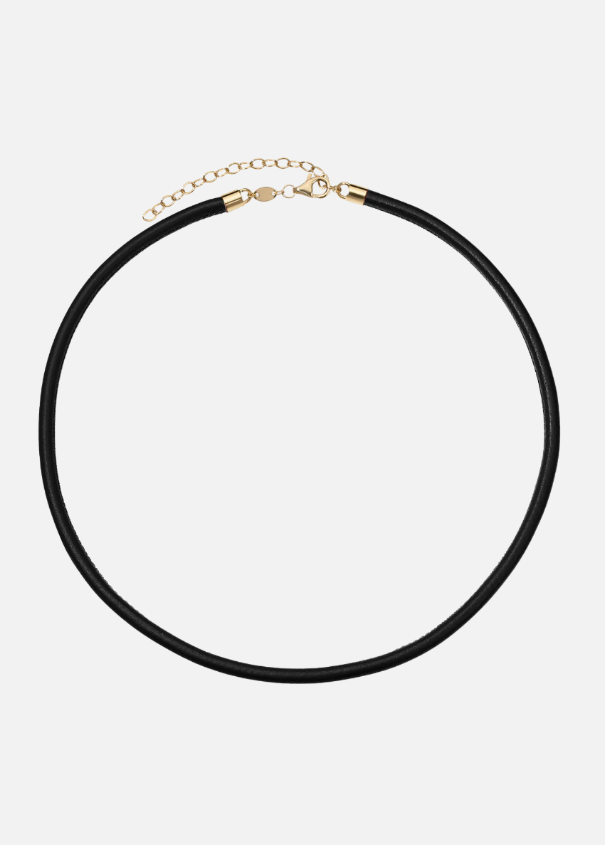 jade ruzzo fine jewelry 18k yellow gold Wide 3mm Leather Cord in Black 14 16 inch adjustable length