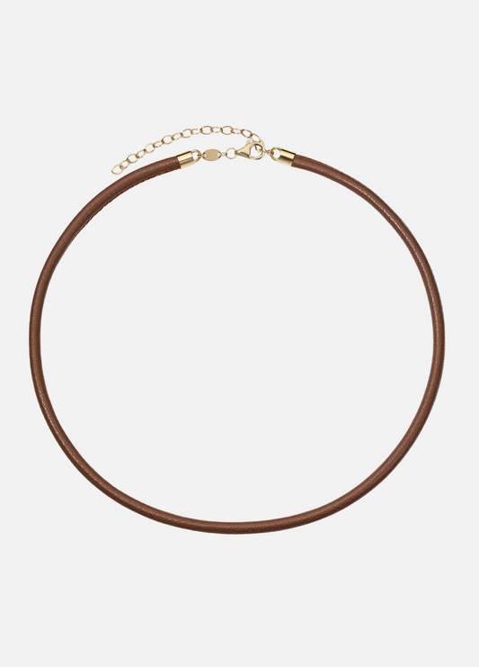 jade ruzzo fine jewelry 18k yellow gold Wide 3mm Leather Cord in Tobacco 14 16 inch adjustable length