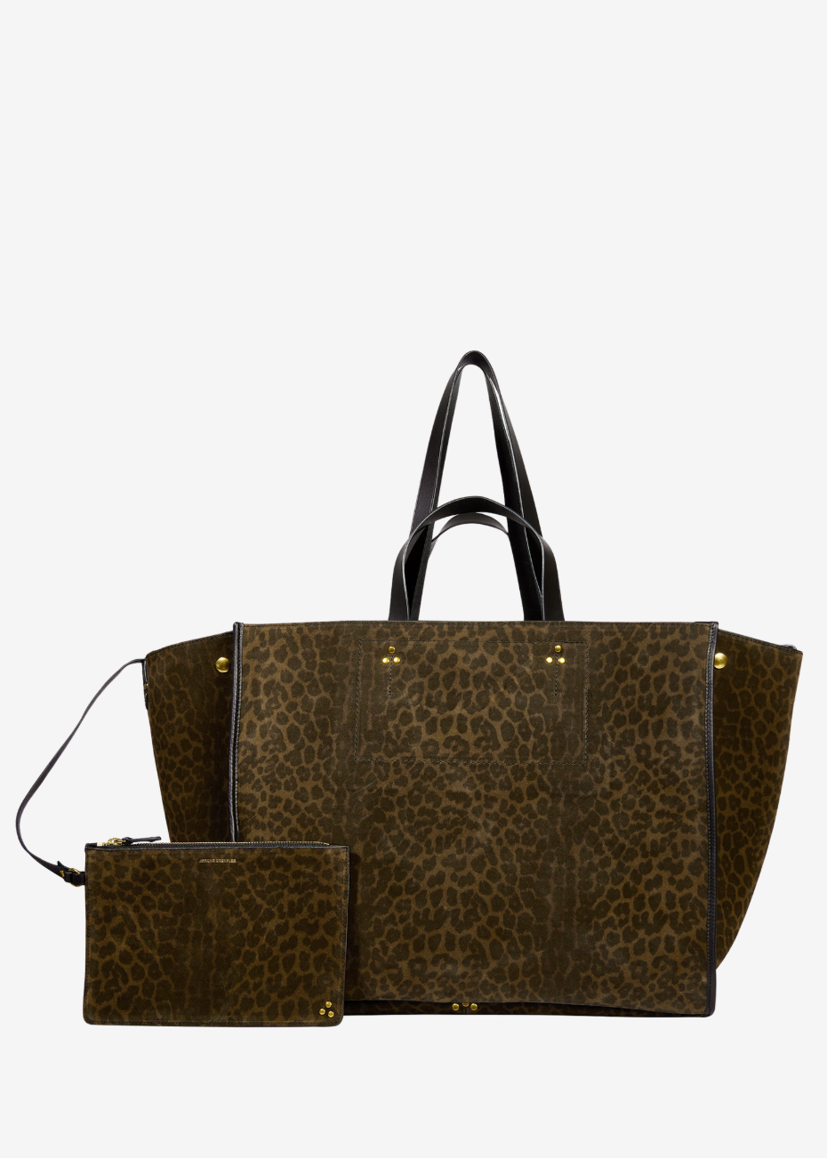 jerome dreyfuss womens handbag Léon L Split Suede Tote in Imprime Leopard Kaki