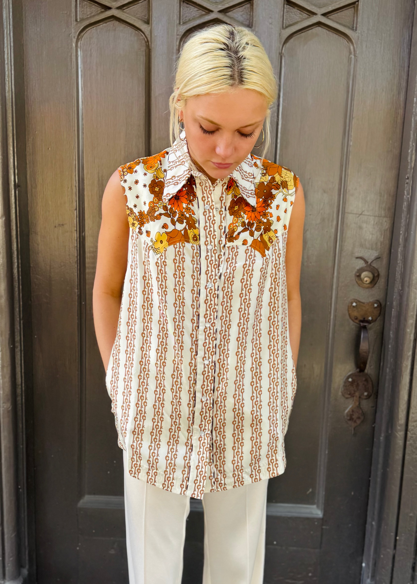 person wearing la prestic ouiston Arizona Flower Power Silk Top