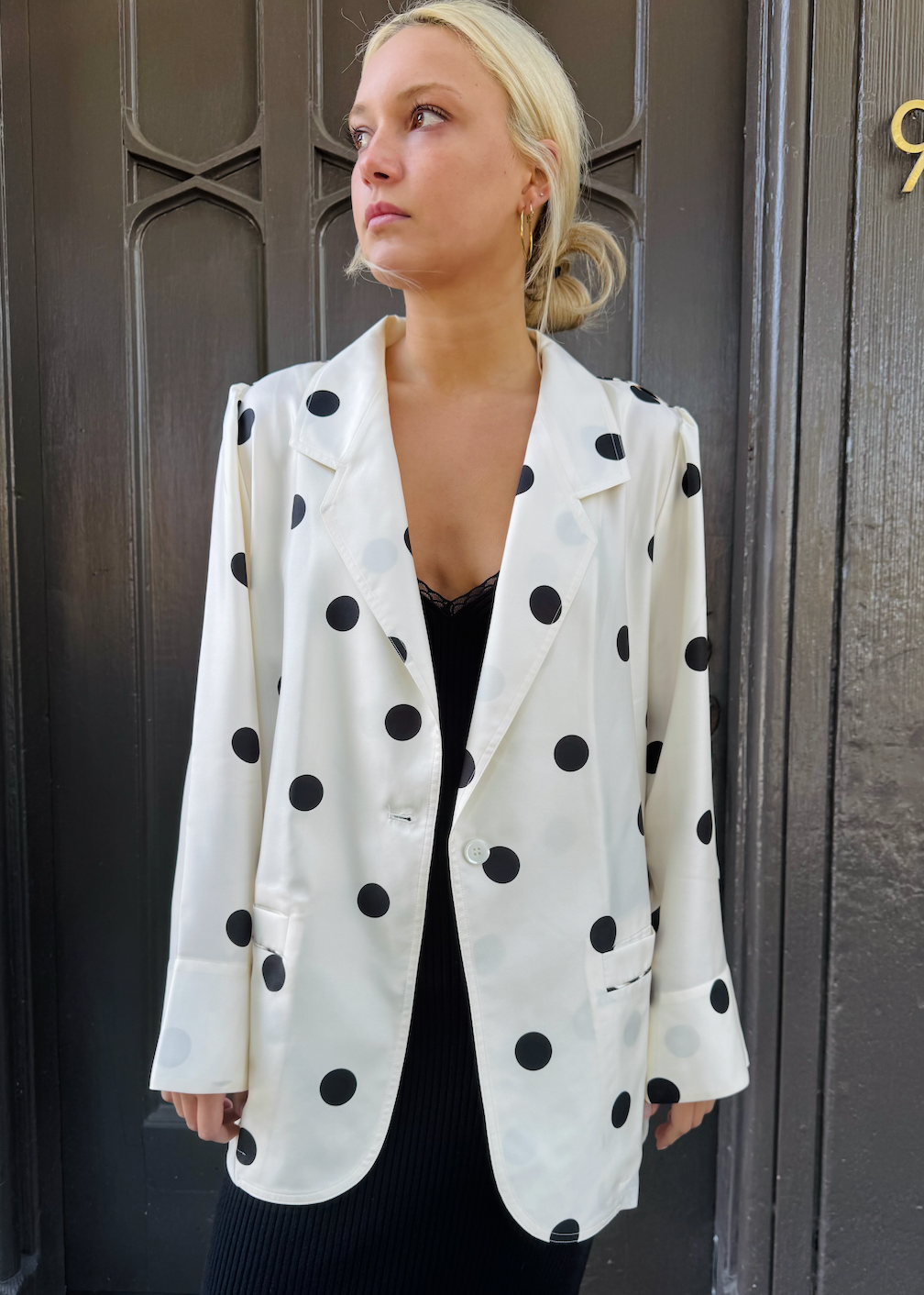 person wearing la prestic ouiston womens Elichou Silk Polka Dot Blazer