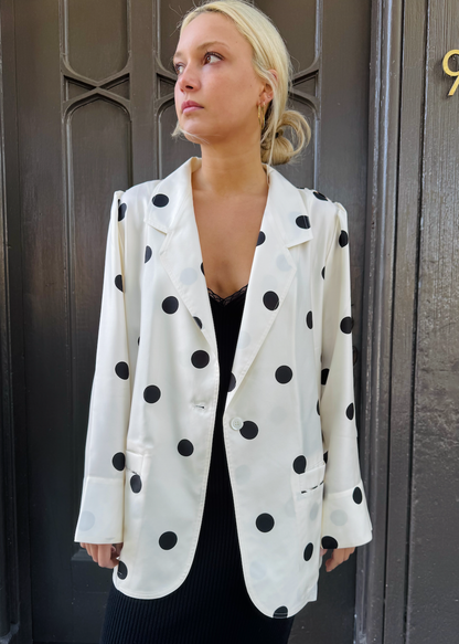 person wearing la prestic ouiston womens Elichou Silk Polka Dot Blazer