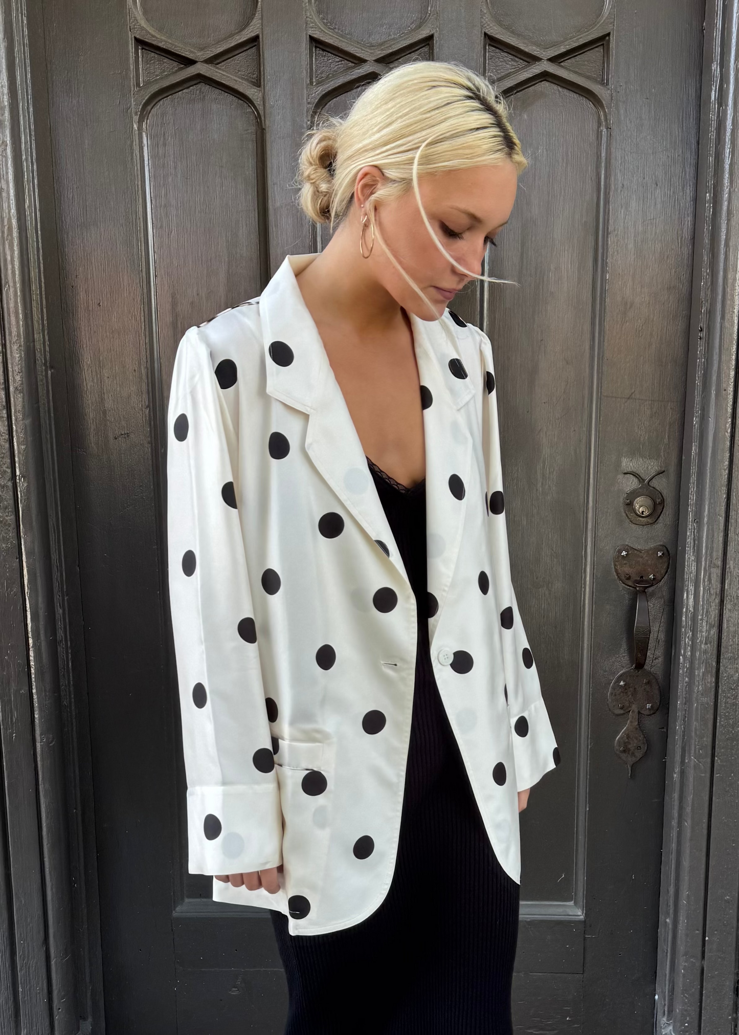 person wearing la prestic ouiston womens Elichou Silk Polka Dot Blazer
