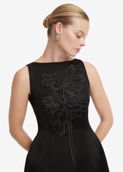 person wearing leo lin womens Ali Applique Boat Neck Mini Dress ebony black