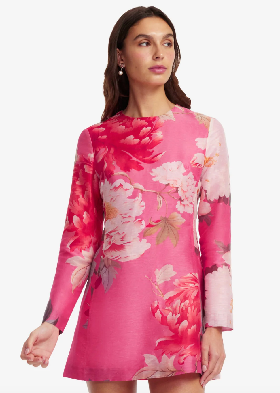 person wearing leo lin womens Aliza Long Sleeve Mini Dress peony floral pink print