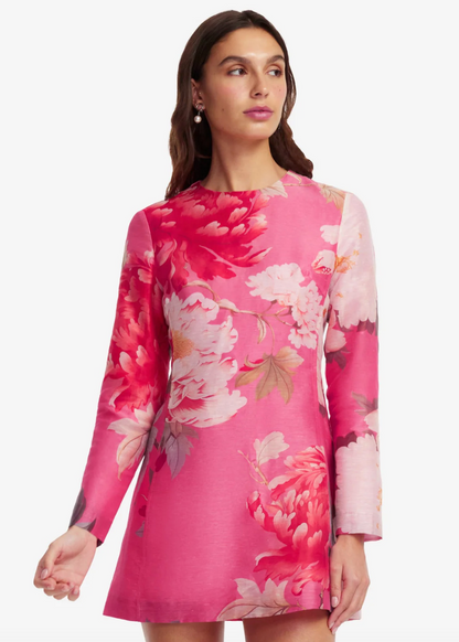 person wearing leo lin womens Aliza Long Sleeve Mini Dress peony floral pink print