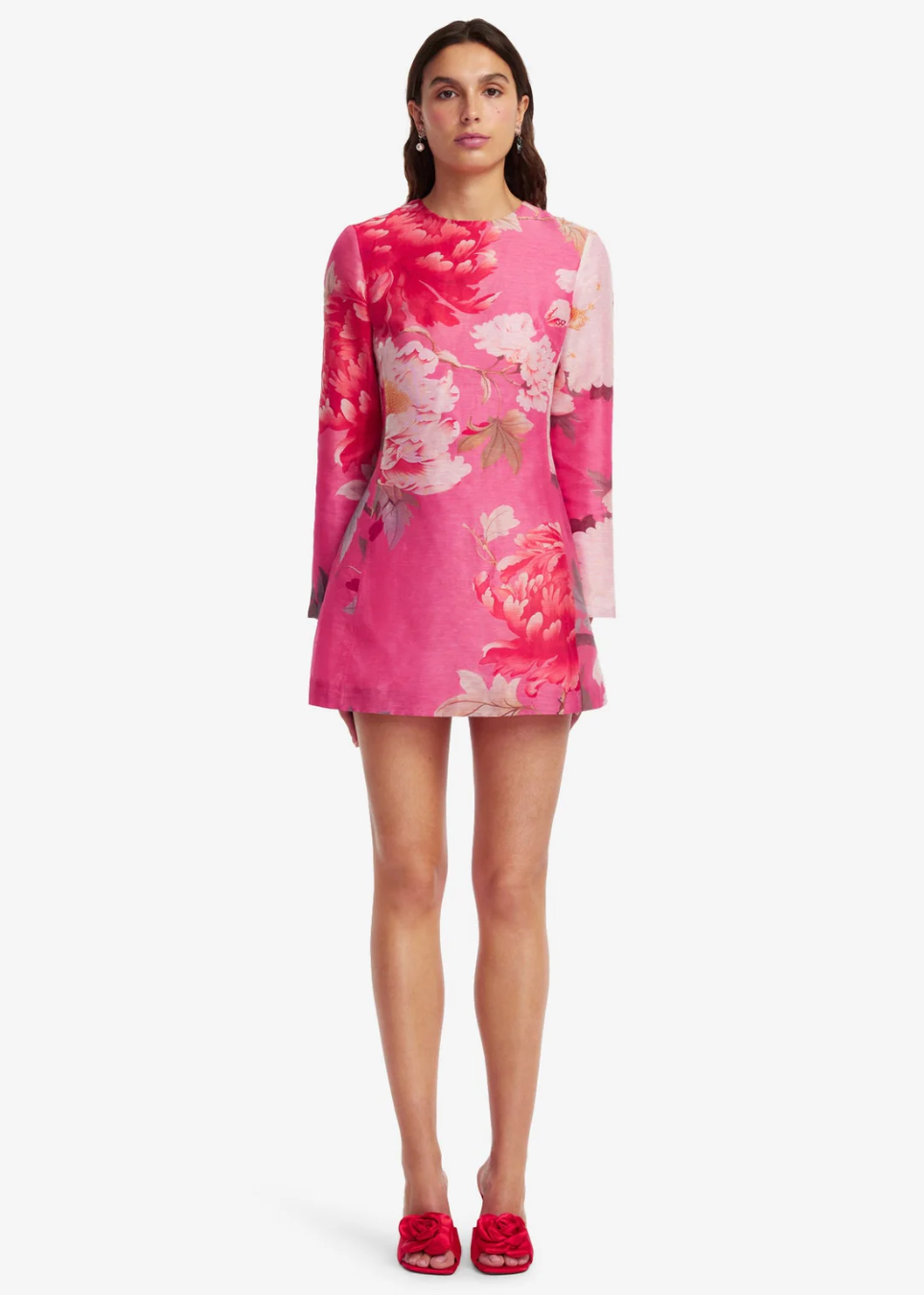 person wearing leo lin womens Aliza Long Sleeve Mini Dress peony floral pink print