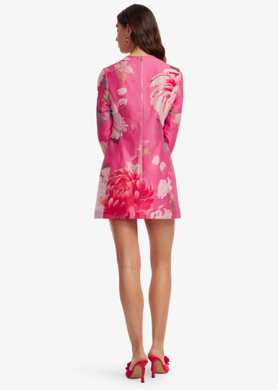 person wearing leo lin womens Aliza Long Sleeve Mini Dress peony floral pink print