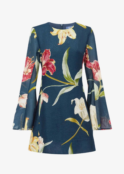 leo lin womens Suzanne Bell Sleeve Lily Print Mini Dress in Indigo