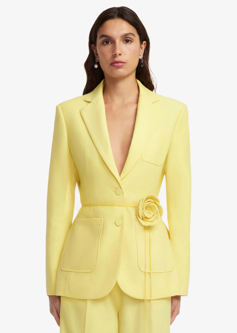 person wearing leo lin womens Vesper Fitted Blazer in limoncello yellow