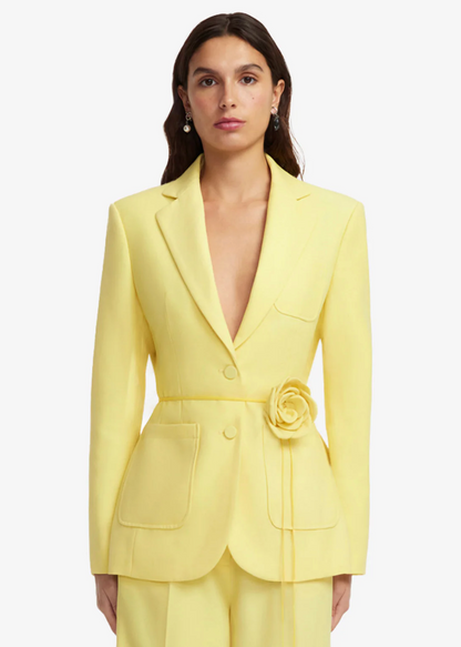 person wearing leo lin womens Vesper Fitted Blazer in limoncello yellow