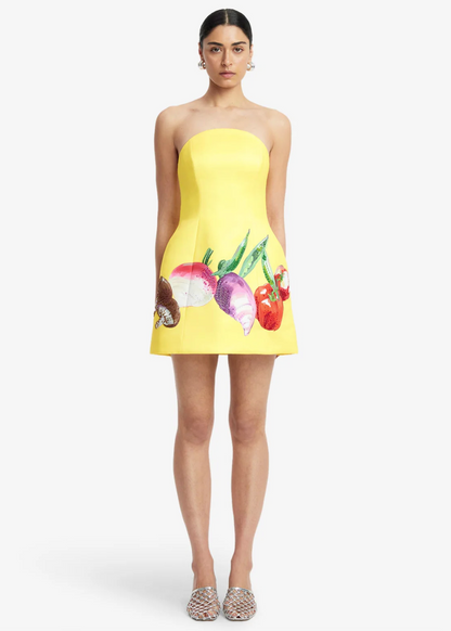 person wearing leo lin womens Zaria Bustier strapless Mini Dress yellow garden harvest print