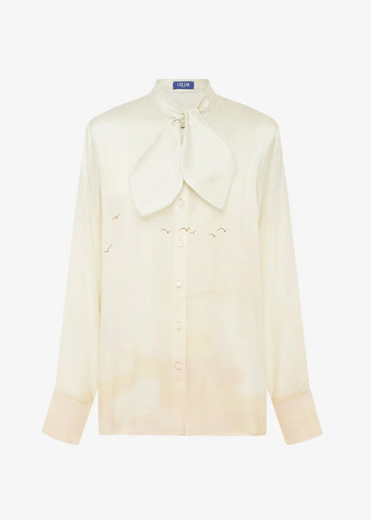 leo lin womens printed silk Cora Bow Blouse