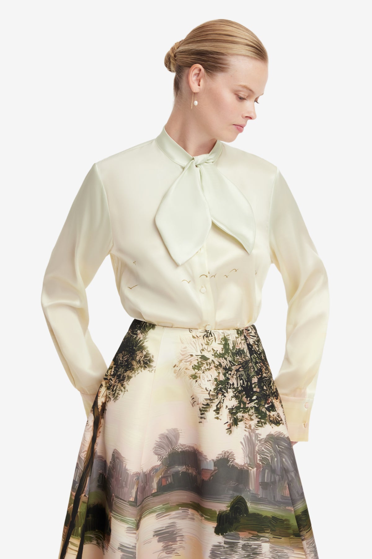 person wearing leo lin womens printed silk Cora Bow Blouse