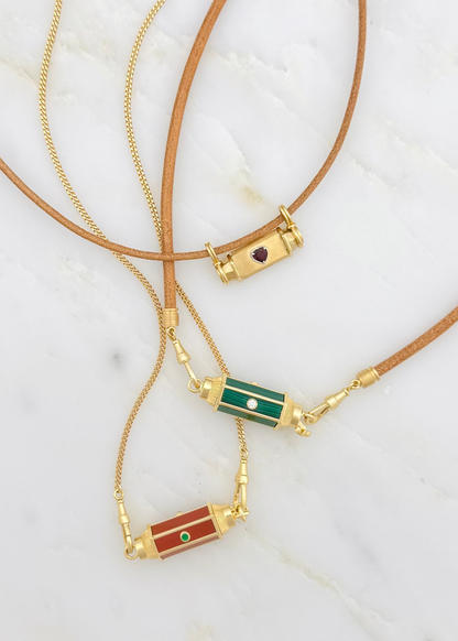 marie lichtenberg fine jewelry 18k yellow gold diamond Malachite jasper Baby Lockets gourmette chain leather lasso crush locket garnet heart