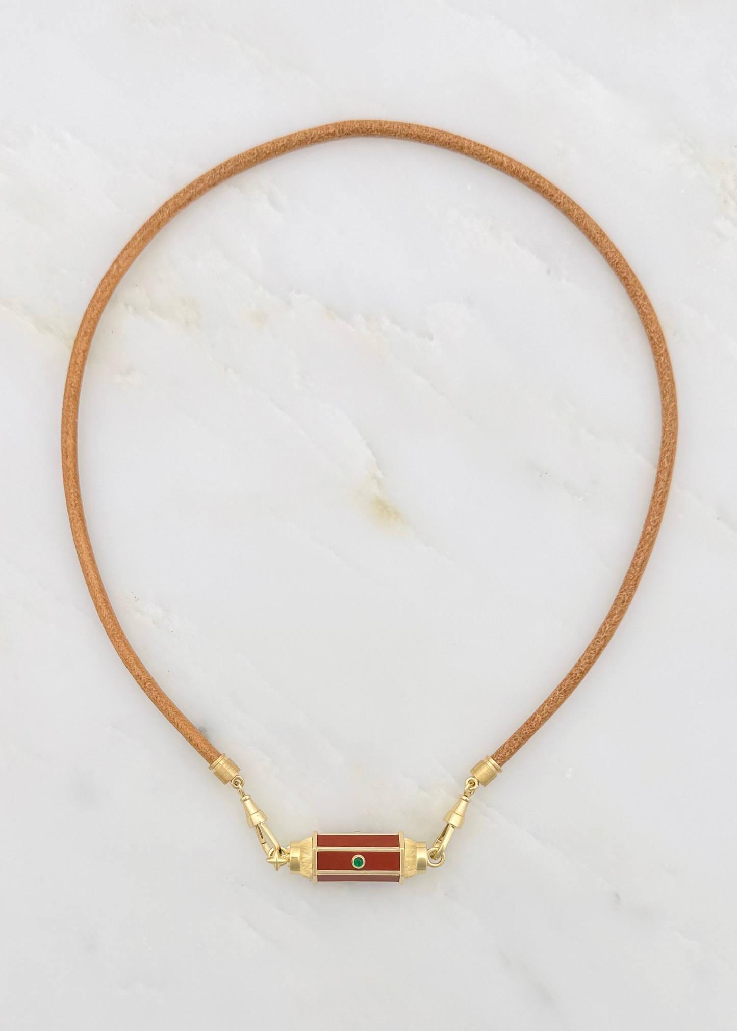 marie lichtenberg fine jewelry 18k yellow gold emerald Jasper Baby Locket Necklace on Leather Baby Lasso