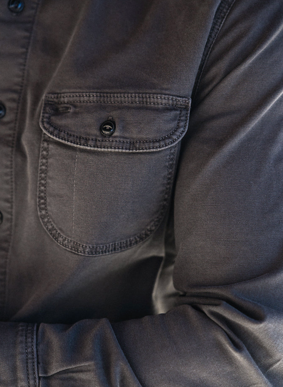 person wearing mens hiroshi kato The Brace Stretch Oxford in Charcoal