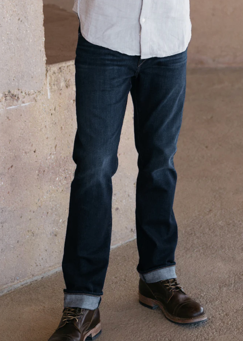 person wearing mens hiroshi kato The Hammer Straight 10.5oz Stretch Selvedge Jeans in Dizzy Wash