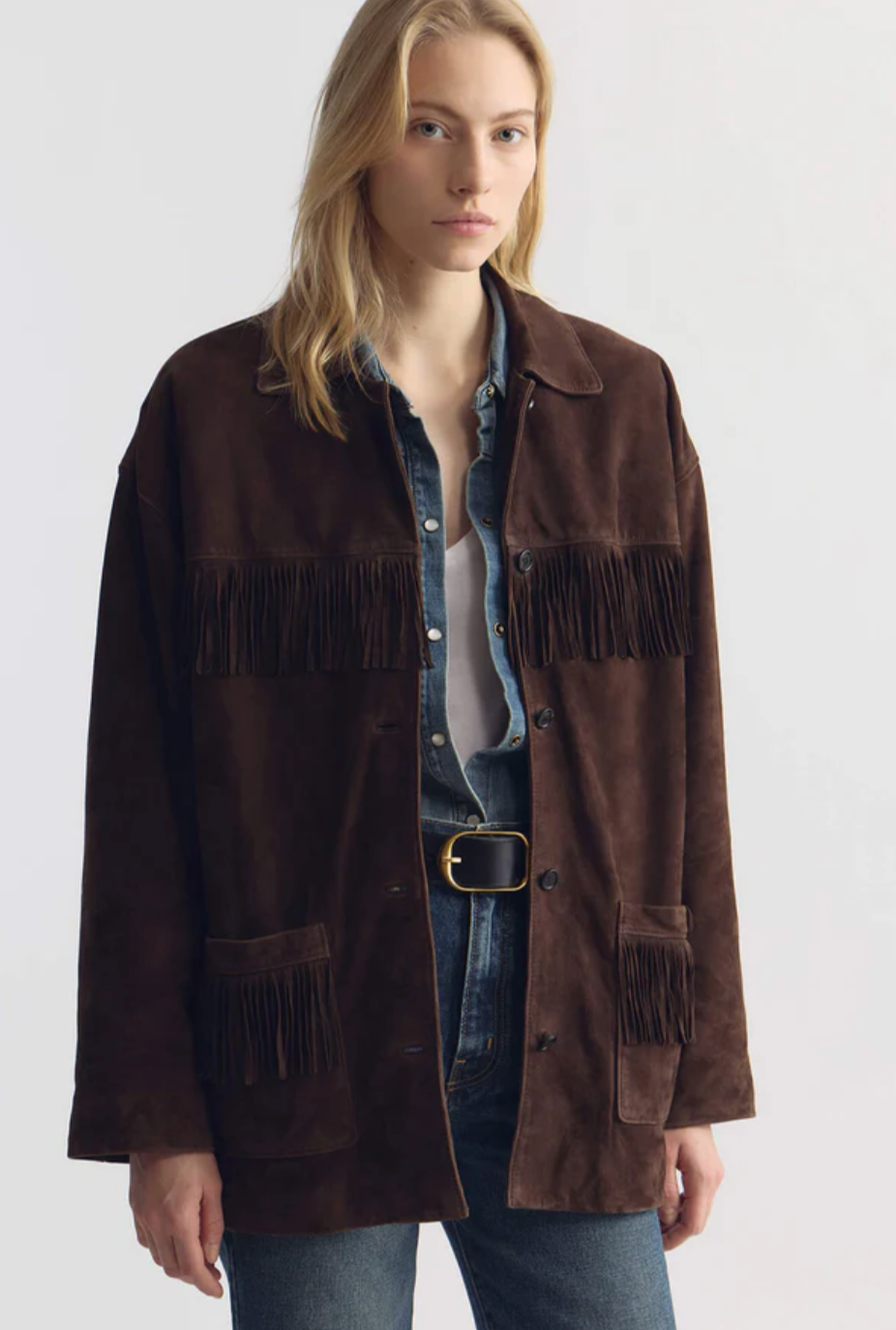 person wearing nili lotan Foudre Fringe Suede Jacket