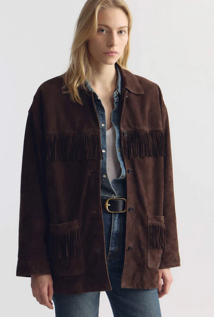 person wearing nili lotan Foudre Fringe Suede Jacket