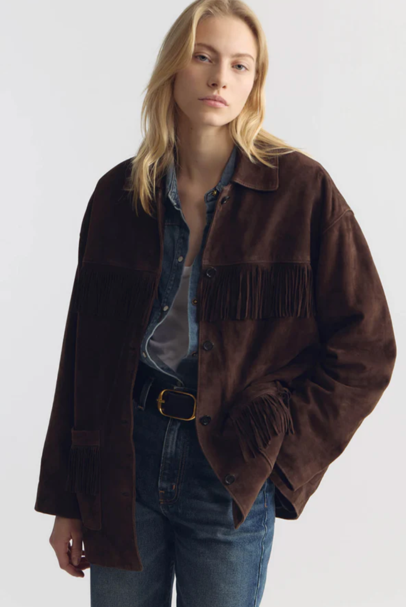 person wearing nili lotan Foudre Fringe Suede Jacket