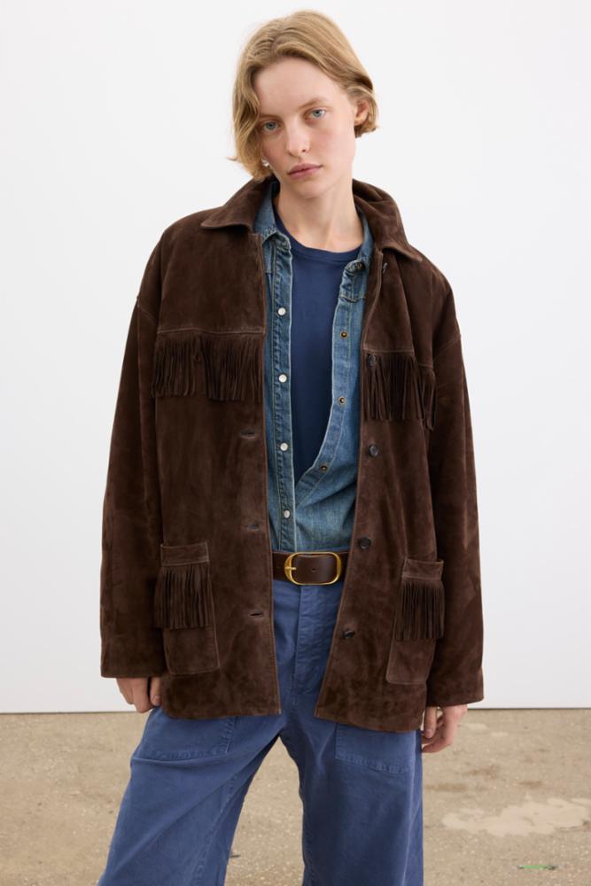person wearing nili lotan Foudre Fringe Suede Jacket