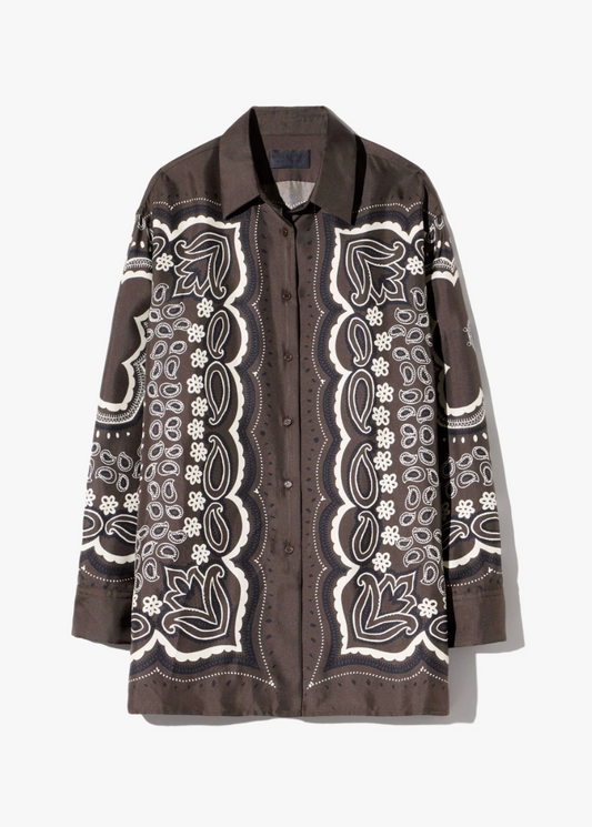 nili lotan womens Alfie Silk Shirt in Brown ivory bandana print