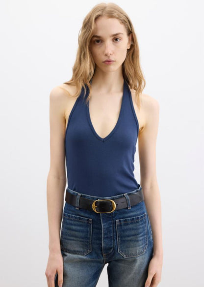 person wearing nili lotan womens Britt Halter Top in Admiral Blue